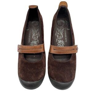 Merrell Womens Plaza Bandeau Mary Jane Shoes Size 9 Brown Suede Slip On Wedge